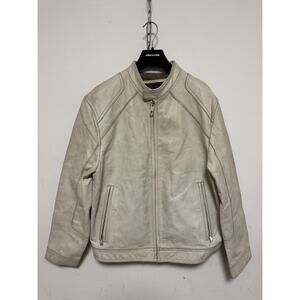 Andrew Marc Jacket Mens Large White Leather Moto Biker Full Zip Lined Collar